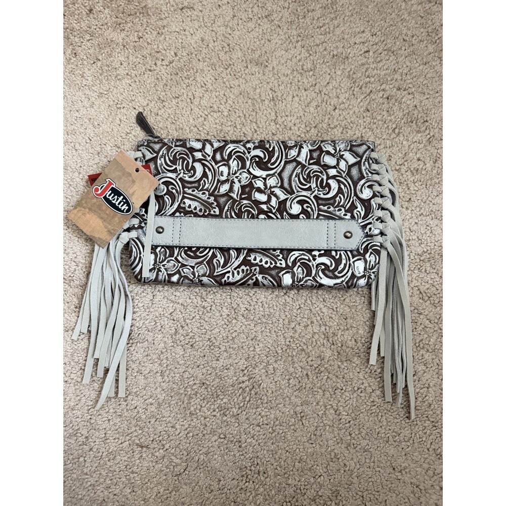 NWT Justin Silver Wash Tooled Clutch Wallet Purse Leather Fringe Western New